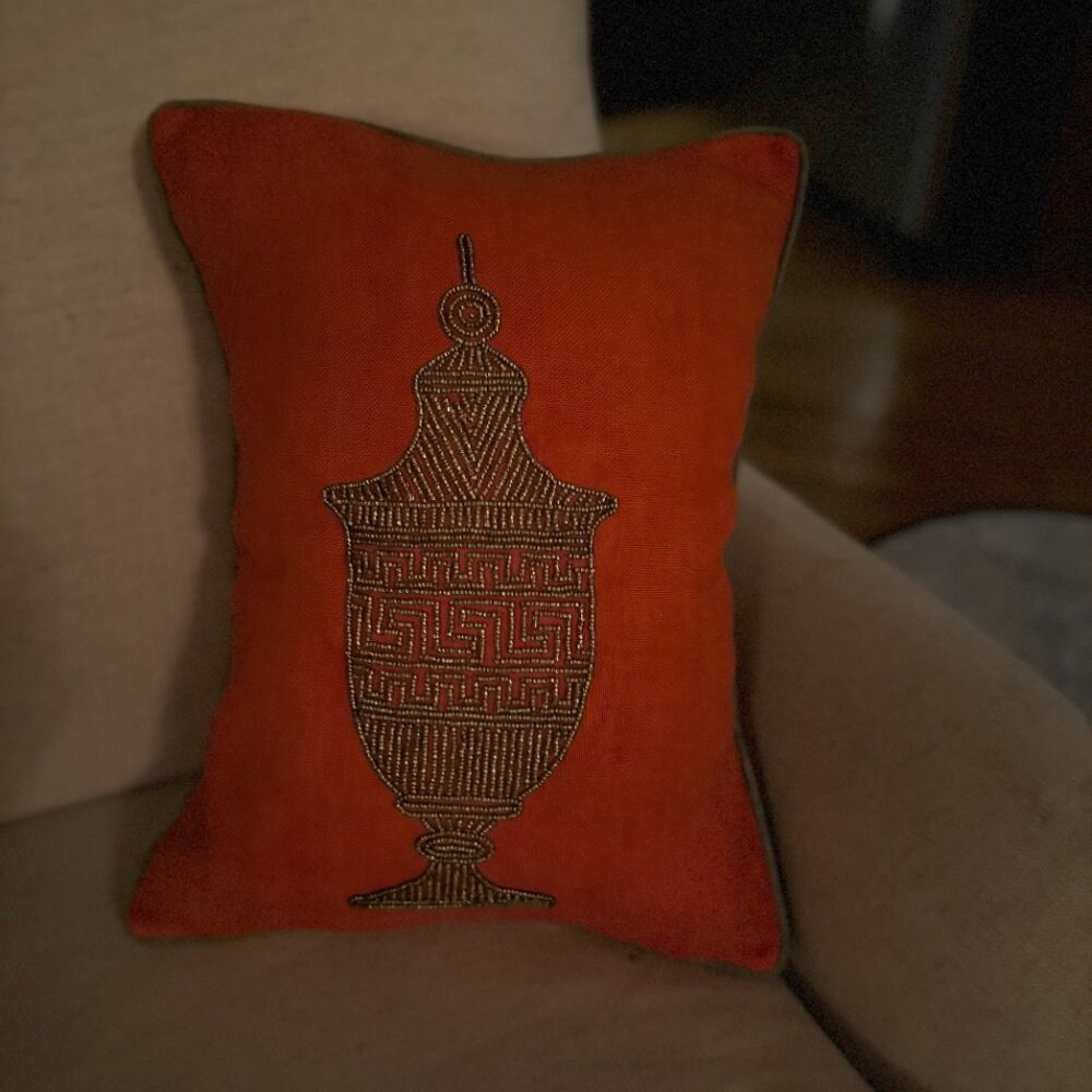 Vintage Jonathan Adler Vibrant Orange Gold Beaded Lantern Pillow